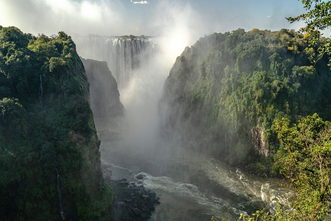 Crashing water creating a mist around thick greenery at Victoria Falls, Zimbabwe