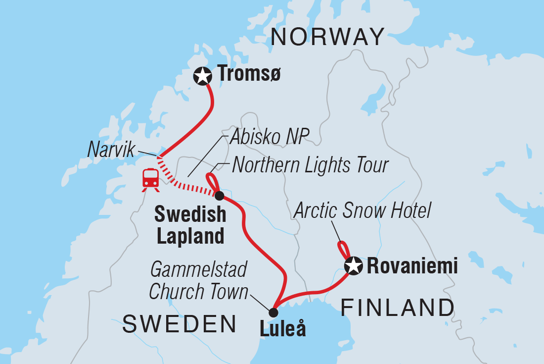 Map of Northern Scandinavia In Winter including Finland, Norway and Sweden