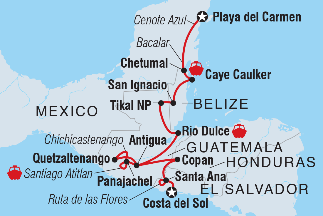 Map of Route Of The Maya including Belize, El Salvador, Guatemala, Honduras and Mexico