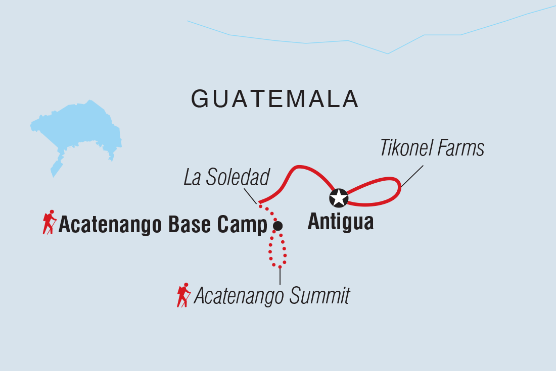 Map of Acatenango Volcano Hike & Antigua Short Break including Guatemala