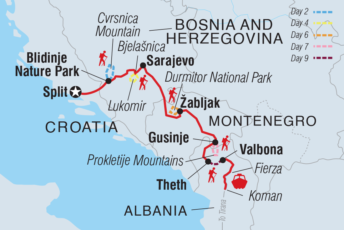 Map of Hiking The Balkans: Via Dinarica including Albania, Bosnia And Herzegovina, Croatia and Montenegro