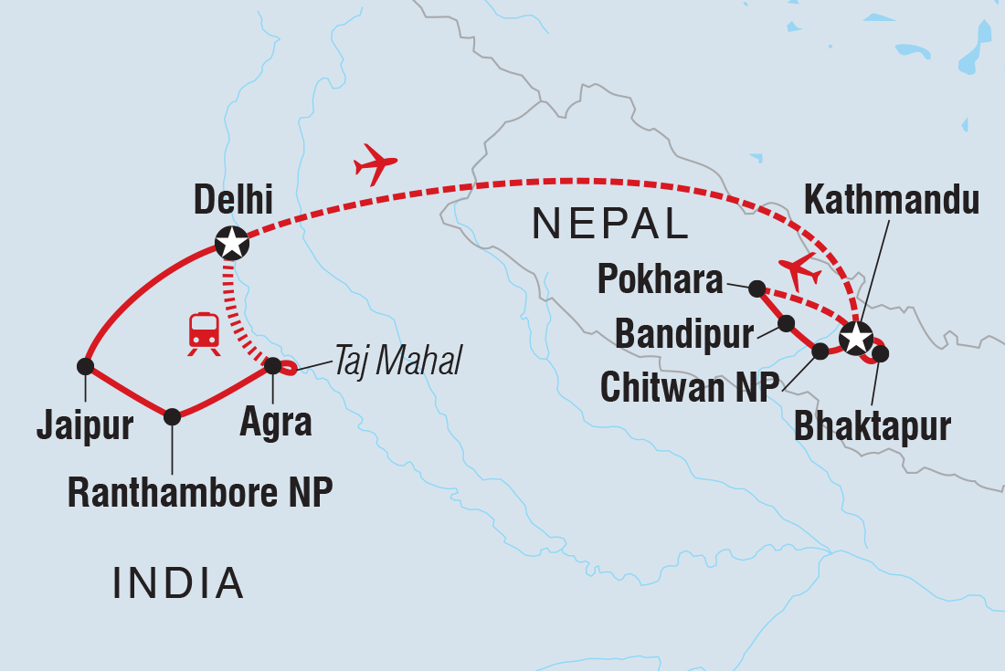 Map of India & Nepal Adventure including India and Nepal