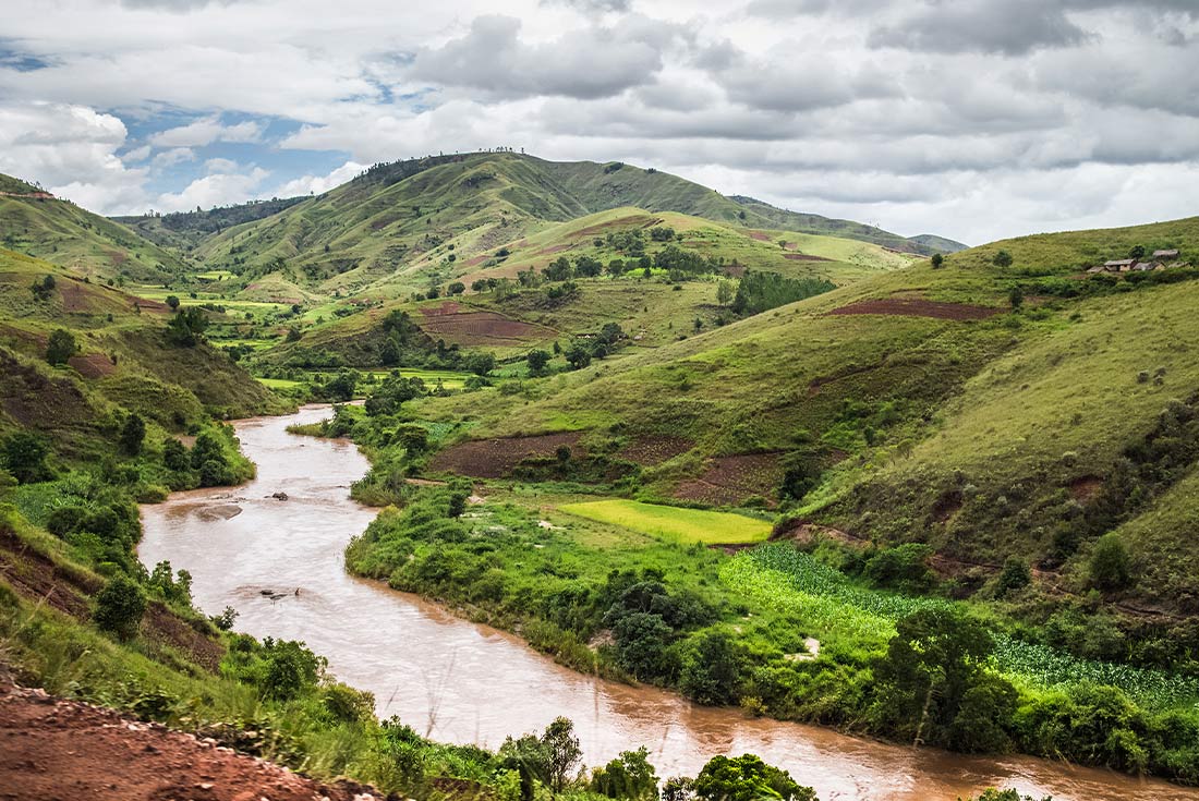 Aerial view of the Tsiribihina River and its red waters in Madagascar