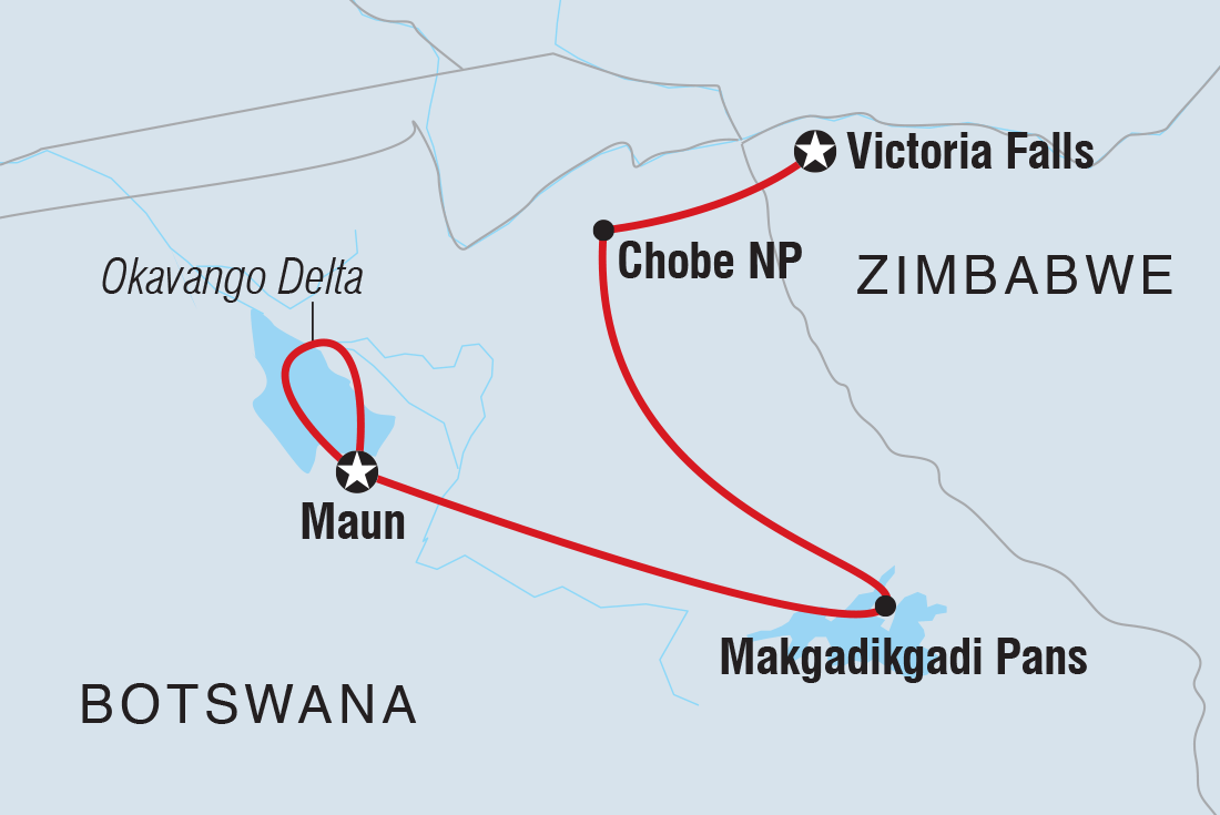 Map of Botswana Family Safari Comfort including Botswana and Zimbabwe
