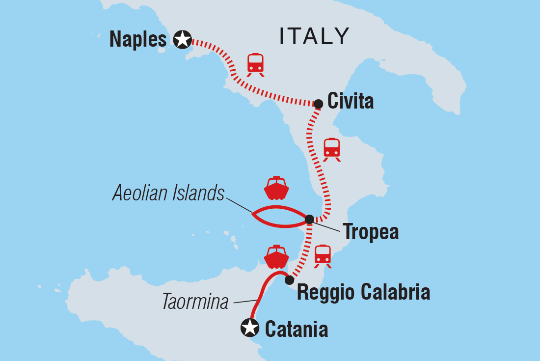 Map of Calabria: Naples To Catania including Italy