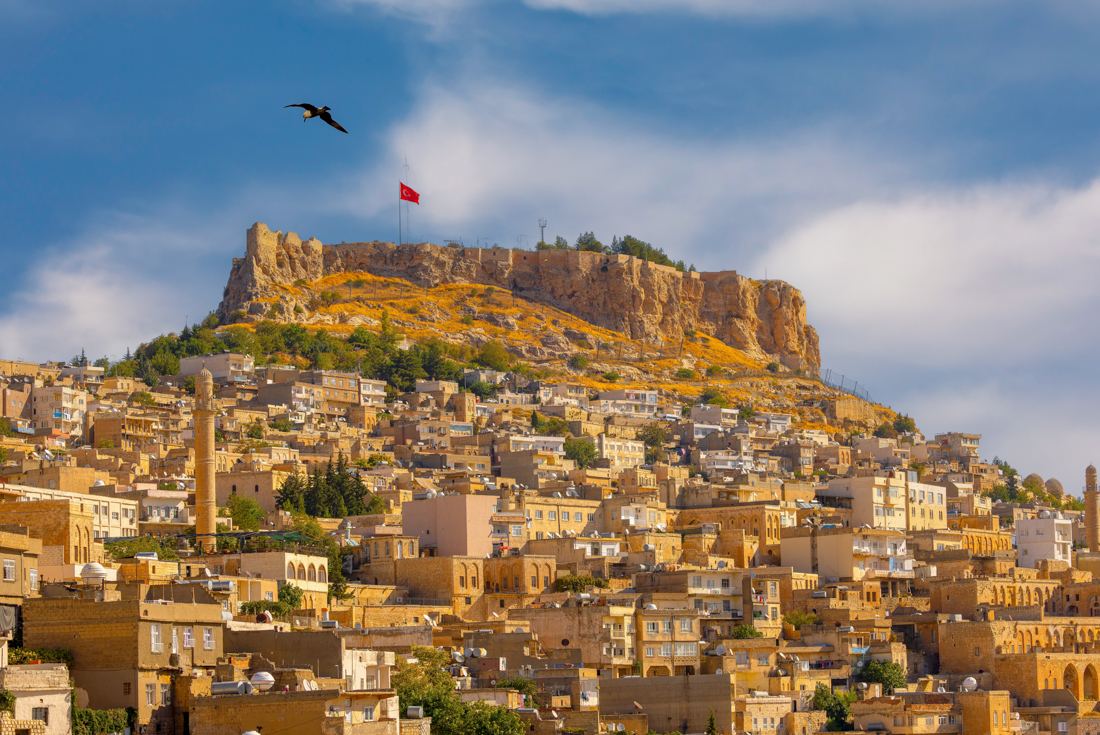 City of Mardin with ancient minarets and buildings climbs a hill to towering stone top with hawk flying in Turkey