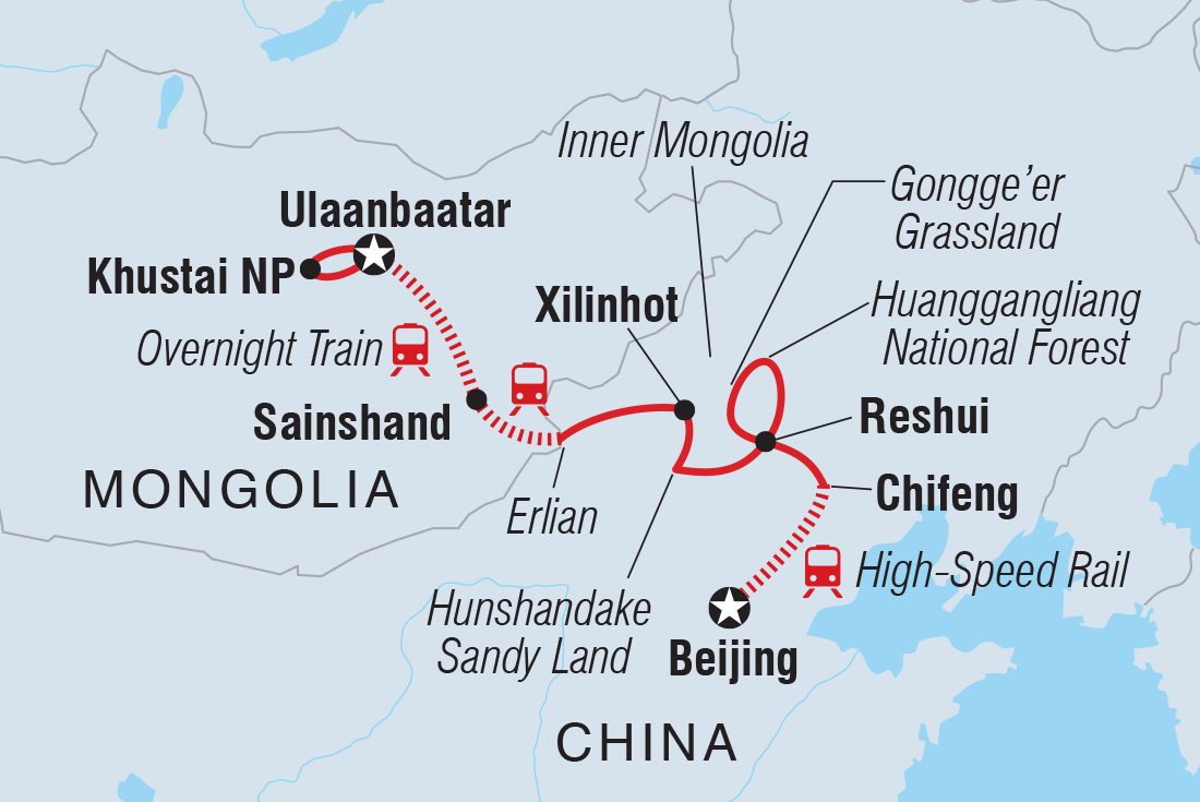 Map of Trans-Mongolian Railway Adventure including China and Mongolia