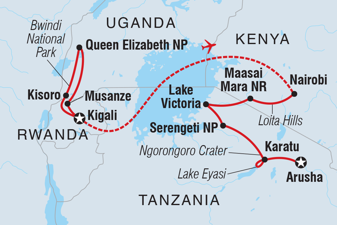 Map of Gorillas & East Africa Safari including Kenya, Rwanda, Tanzania, United Republic Of and Uganda