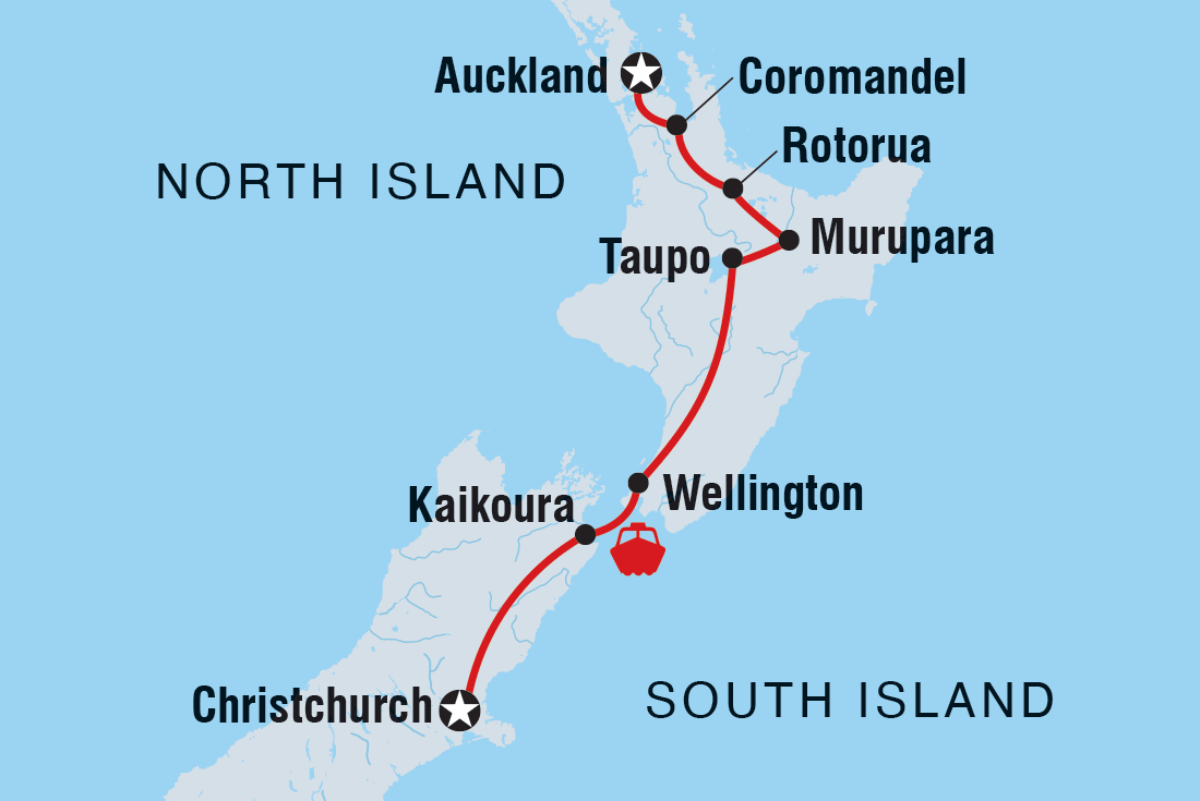 Map of New Zealand North To South Island Adventure including New Zealand