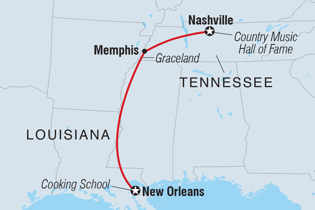 Map of Tennessee Music Trail To New Orleans including United States Of America