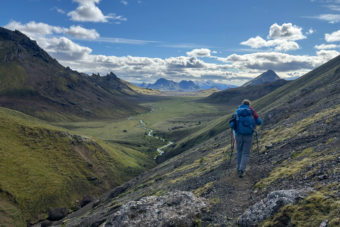 Along the ridge of a picturesque valley on Iceland's Laugavegur Trail