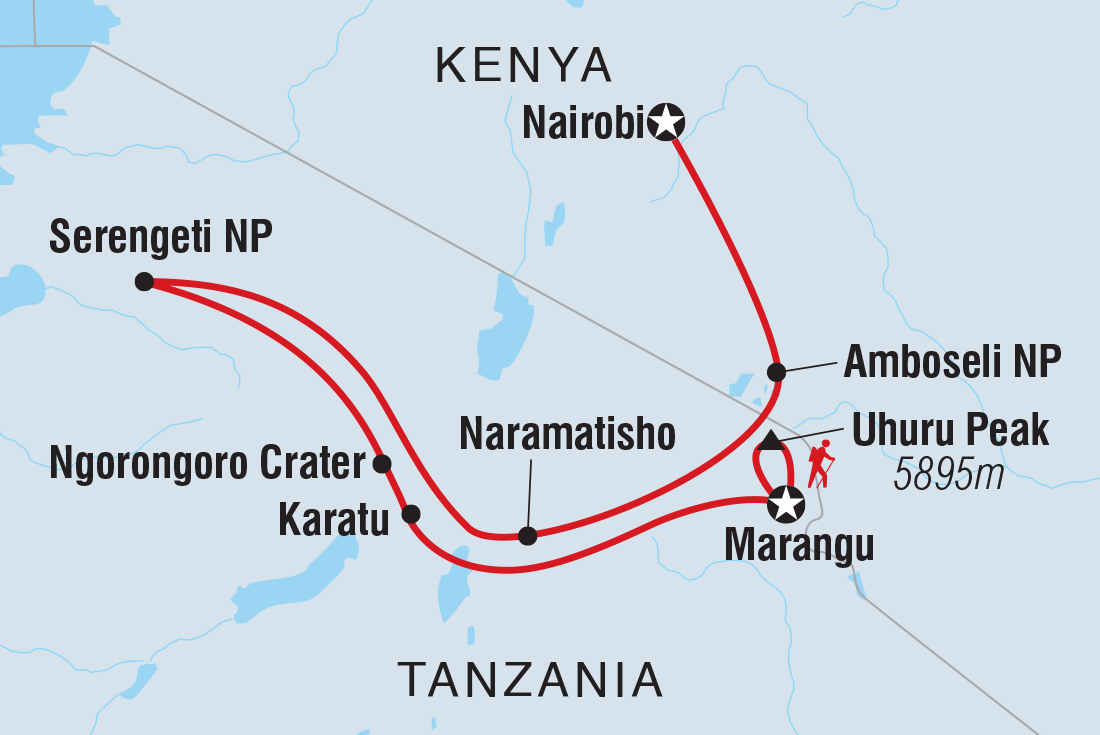 Map of Serengeti & Kilimanjaro - Marangu Route including Kenya and Tanzania, United Republic Of