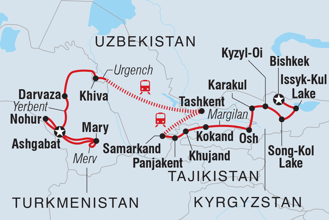 Map of Bishkek To Ashgabat including Kyrgyzstan, Tajikistan, Turkmenistan and Uzbekistan