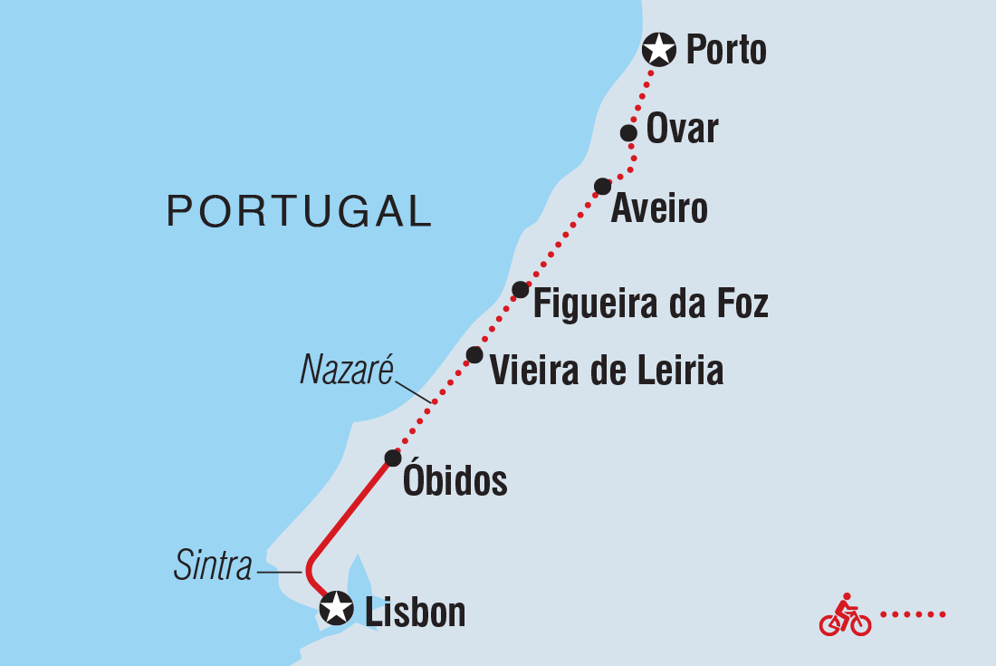 Map of Cycle Portugal's Atlantic Coast including Portugal