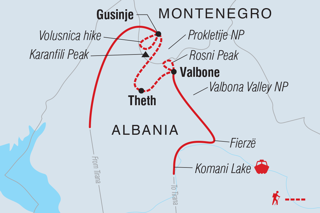 Map of Hike The Albanian Alps including Albania and Montenegro